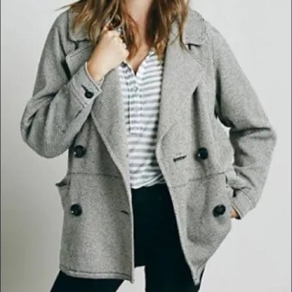 Free People Oversized Car Coat Black White Peacoat Jacket Double Breasted Med